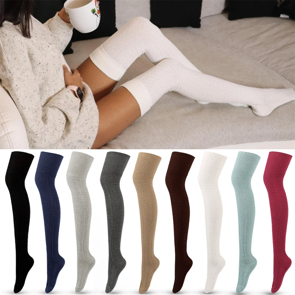 Winter Cotton Knitted Knee Thigh High Women's Long Socks Leg Warmer Solid Color Korean Japanese-Style Stockings Over Knee Socks