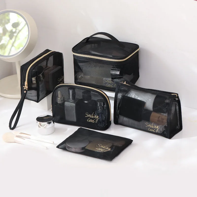 Double -layer Mesh Transparent Cosmetic Bags Small Large Black Makeup Cases Portable Travel Toiletry Organizer Lipstick Storage