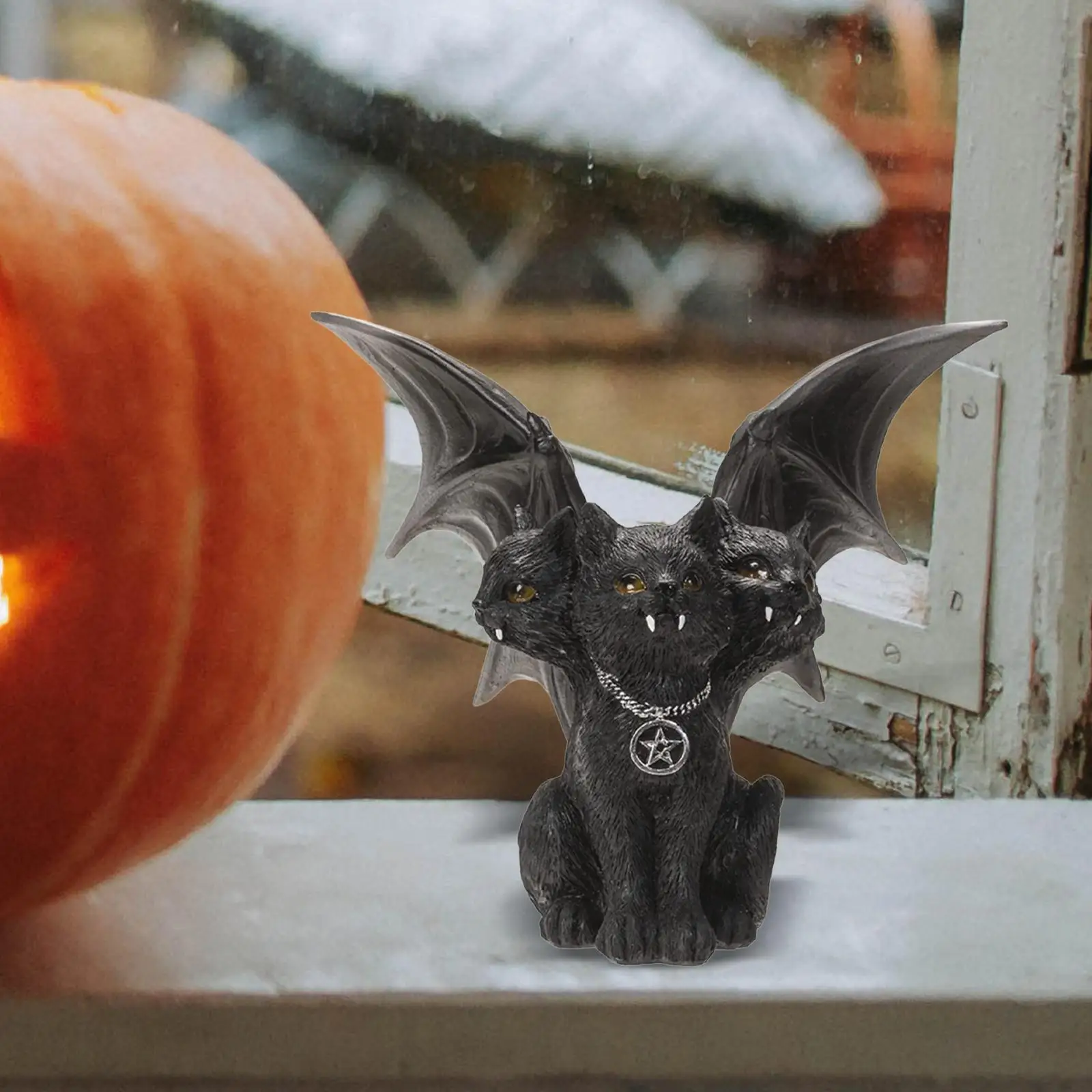 Statue de chat à trois têtes, Assistant d'animal maléfique foncé, légère pour Halloween