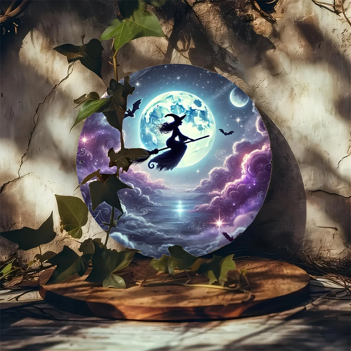 2D Flat - 1pc 20.32x20.32cm Round Metal Wall Art - Enchanting Witch on Broomstick Design with Moon & Stars, Durable & Easy-to-Cl