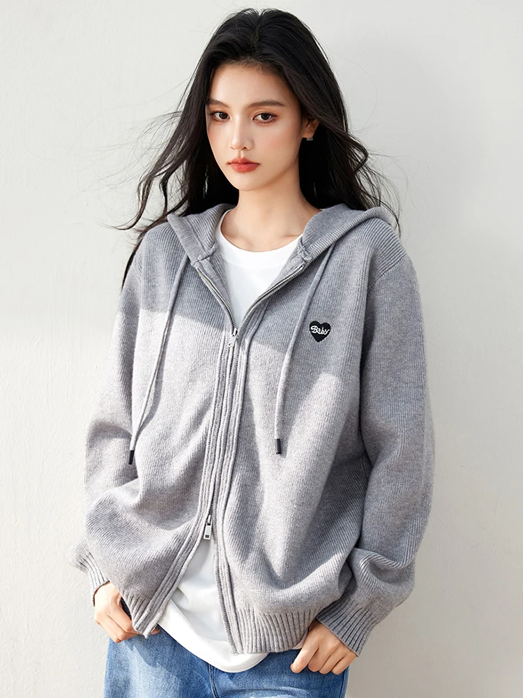 2024 Autumn Winter New Gray Preppy Style Double Zipper Hooded Cardigan Women\'s Loose Casual Soft Knitting Sweater Female Coat