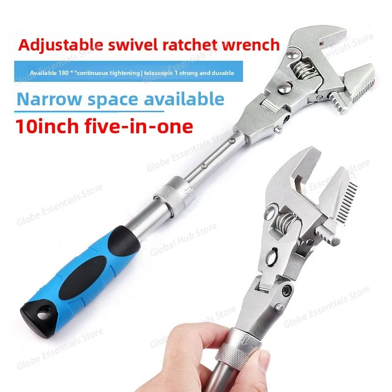 1pcs Ratcheting Wrench Universal Maintenance 180 Degree10-Inch Pulley 5 In 1 Adjustable Torque With Rotating Head Hand Tools