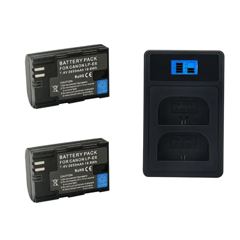 2650mAh 7.4V LP-E6 Lp-e6 E6N Battery + LED Dual Charger for Canon EOS 5DS 5D Mark II 5D Mark III 6D 7D 70D 80D Camera Battery