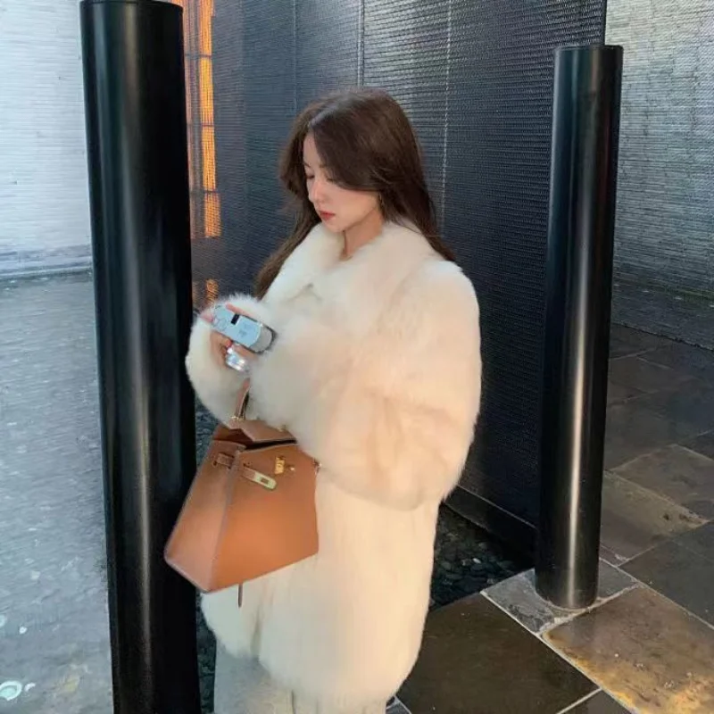 2023 New Women Winter Faux Fur Coat Mid Length Version Furs Overcoat Loose Adding Cotton Jacket Artificial Fur Collar Outwear