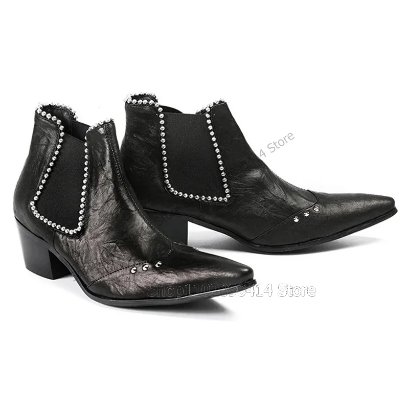 Ankle Boots masculinos feitos à mão, decoração de rebites prateados, botas pretas, moda de luxo, banquete, escritório, sapatos de vestido, festa