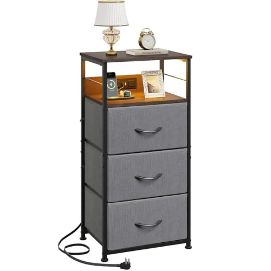 

Nightstand with Charging Station 31.9 H 3 Fabric Drawers LED Bedside Table with Dual USB Ports AC Outlets Modern Dark Grey End