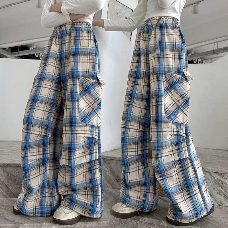 

Autumn Children Blue Plaid Cargo Pants with Side Pocket for Teens Girl Fashion Stylish Straight Trousers Kids Casual Sweatpants