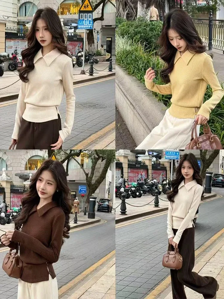 

Женская футболка Slim Fit с длинным рукавом, простым воротником и утягивающим эффектом на талии, осенняя, из дышащей нейлоновой ткани, удобная и комфортная.