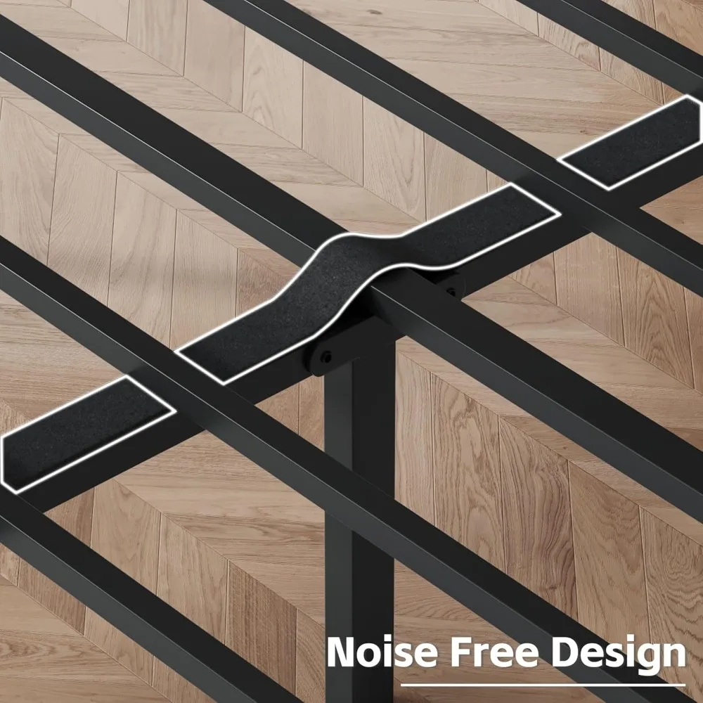 إطار سرير مزدوج مع منصة إطار سرير منجد من جلد البولي يوريثان على اللوح الأمامي، جميع الشرائح المعدنية تدعم إطار سرير بمنصة مع مساحة تخزين