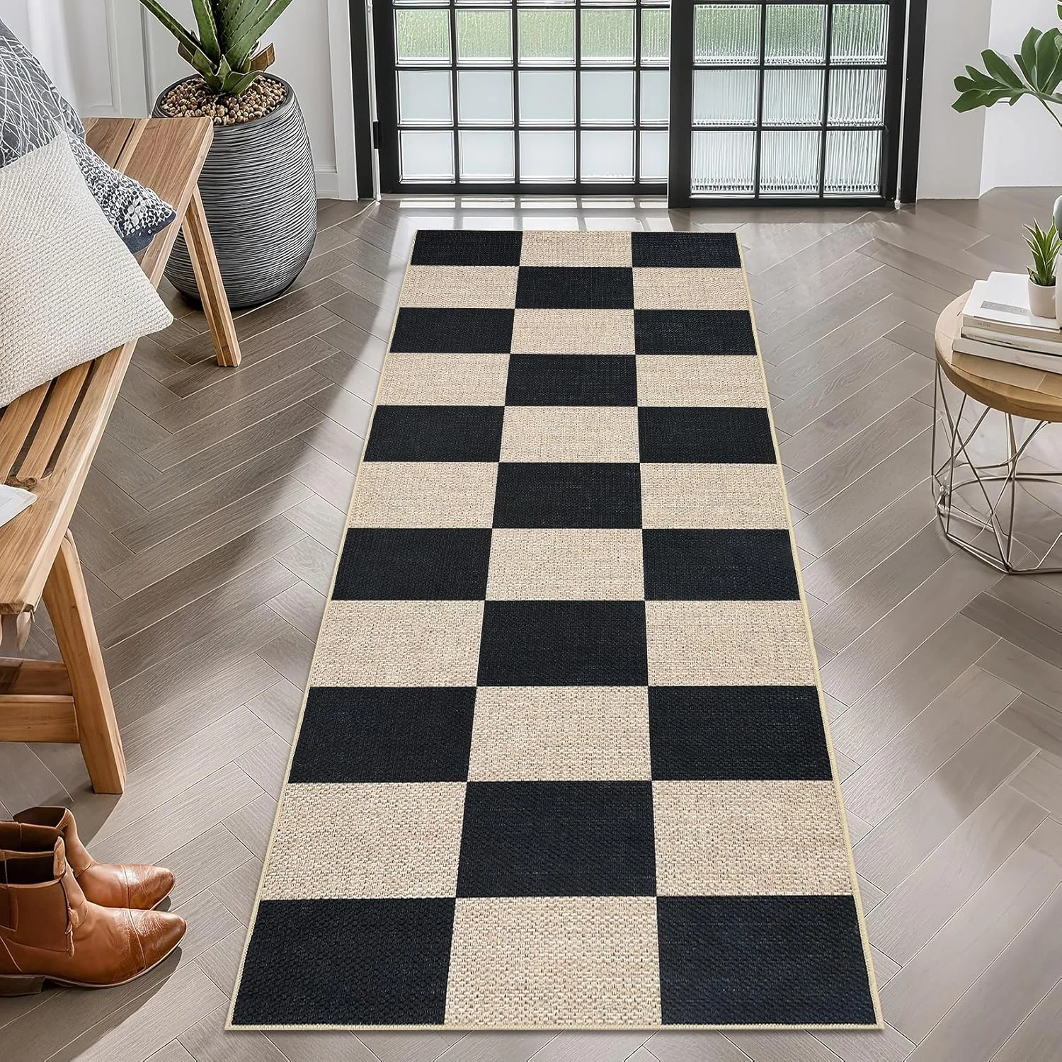 Artistic Checkered Runner Rug Non-Slip Black Cream Plaid Pattern Woven Floor Mat Washable, Decorative Long Rug for Hallway Decor