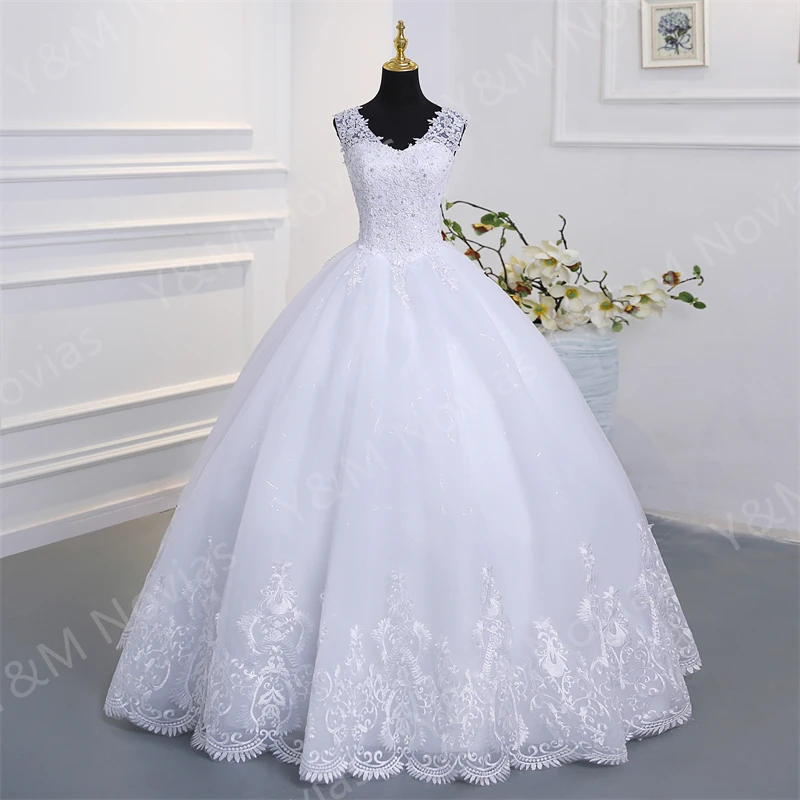 

Y&M Novias Crystal Bead V neck Beautiful Lace Appliques Wedding Gown Embroidery Ivory Wedding Dress A line