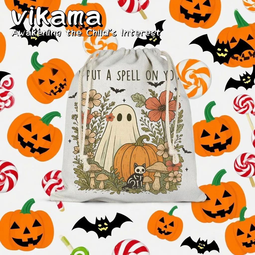 VIKAMA 10 Halloween-Geschenktüten aus Leinen, Kürbis auf lila Hexenhut, Katzen-Design mit Fledermaus- und Süßigkeiten-Dekoration, Kordelzug, Partygeschenke