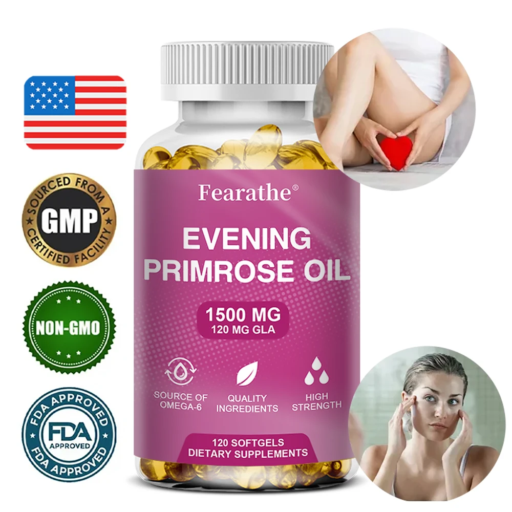 Evening Primrose Oil 1500mg - High Strength, Containing Omega 6 & GLA, 120 Soft Capsules, for Women\'s Skin Hormone Balance