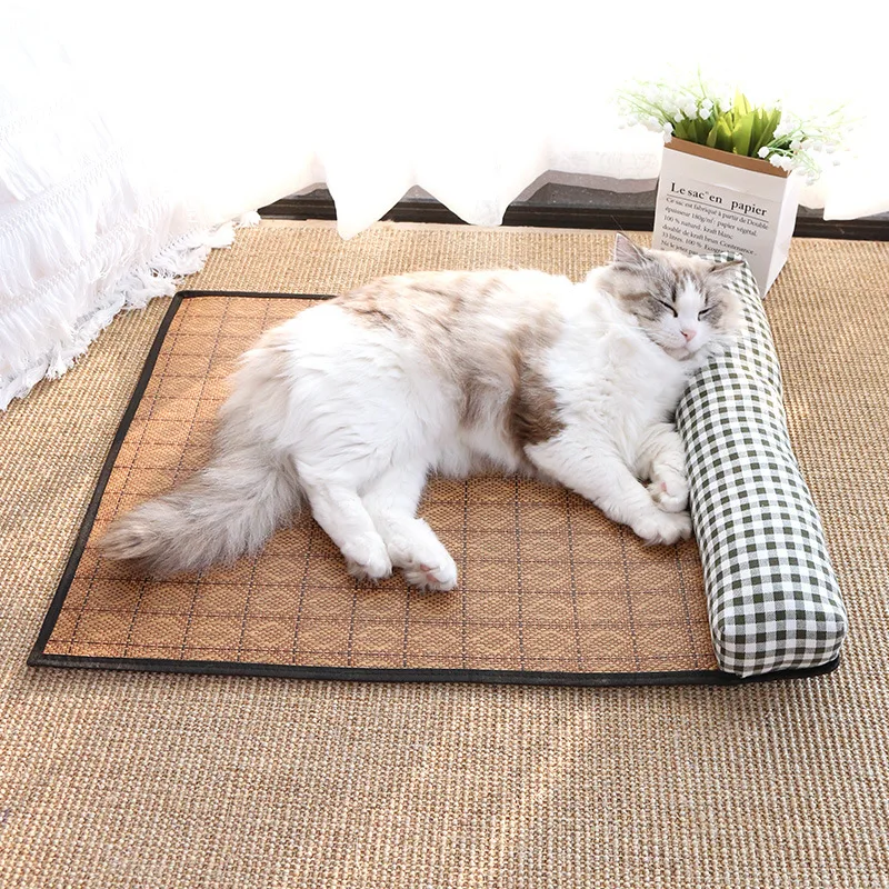 

Summer Cat Bed Pet Straw Mat Cat Cooling Ice Silk Cushion Dog Mat Nest Pet Cushion With Pillow Kitten Ice Mat Cat Supplies