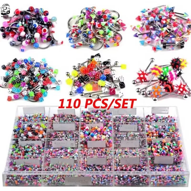 110 Stück gemischte Stile Augenbrauen Nabel Bauch Lippe Zunge Nase Piercing Bar Ring Labret Barbell Ohrstecker Tunnel Piercings Körperschmuck