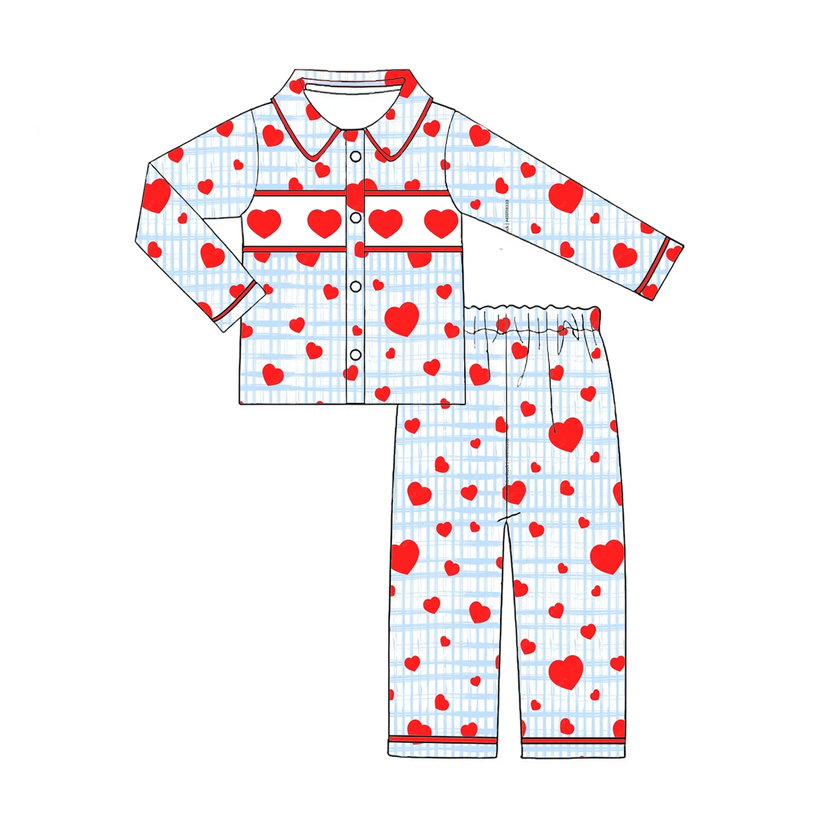 New pajama set lapel short-sleeved trousers girls boys long-sleeved set Valentine's Day love plaid print boutique children set