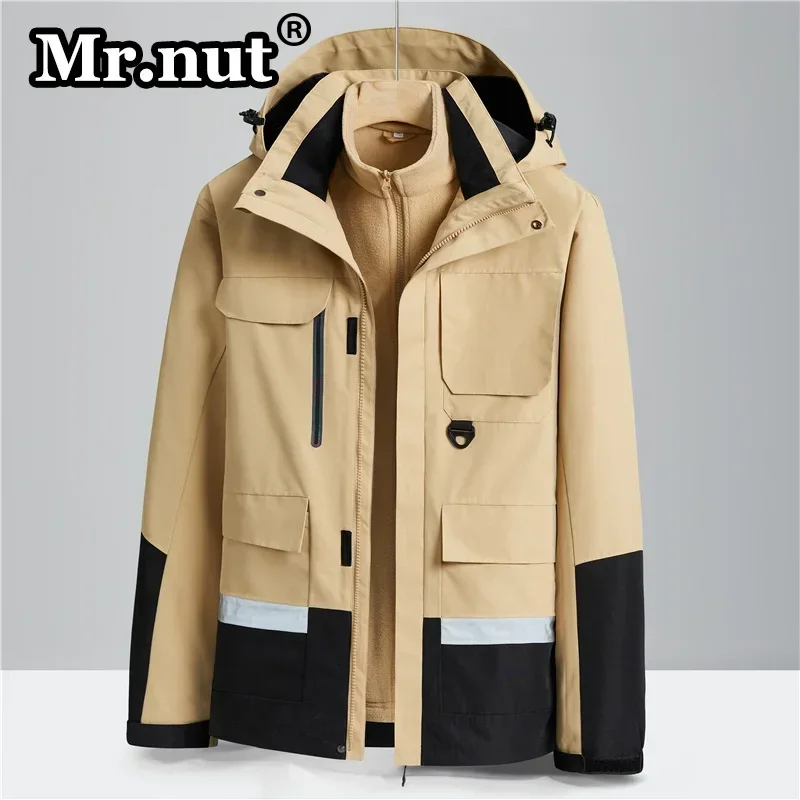 Mr.nut Men Hooded Outdoor Jackets Waterproof Windbreak Autumn Winter Jackets 3-in-1 Removable 2-piece Set Thickening Unisex Tops