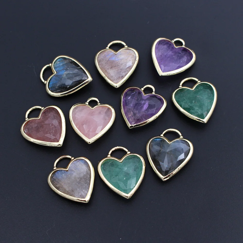 6pcs Gold Plated Natural Stone Charms Rose Quartz Labradorite Stone Heart Healing Point Pendants