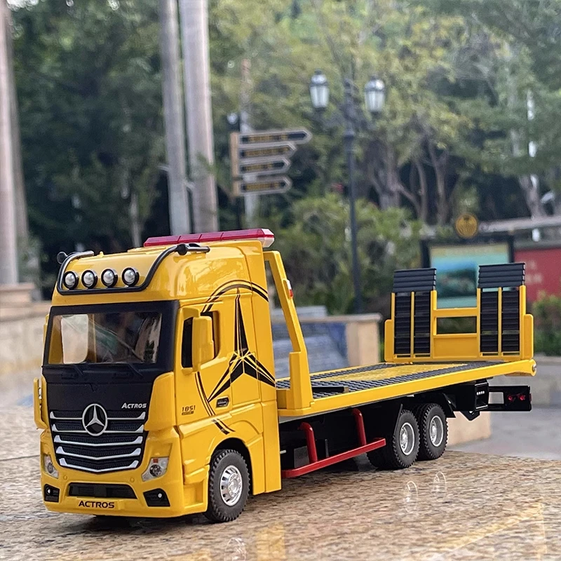 1/24 Alloy Deck Flatbed Trailer Model Diecast Metal Heavy Semi Trailer Transport Vehicle Truck Car Model Sound Light Gift