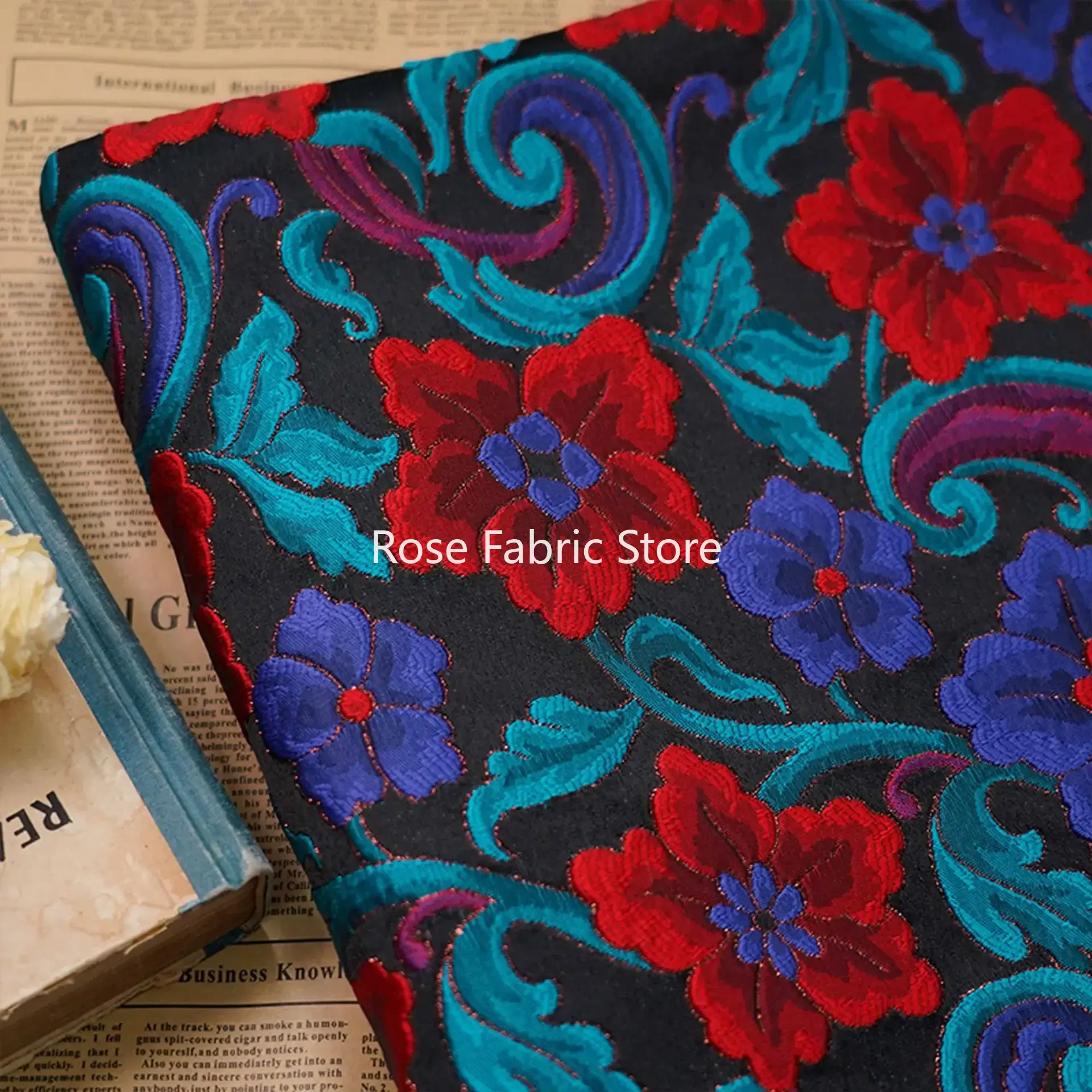 1 Meter Black Plant Flower Gold Silk Yarn Dyed Jacquard Fabric for Dress Jackets Skirt Bag Decorative Sewing Fabric