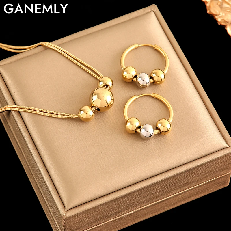 GANEMLY 316L Stainless Steel Beads Balls Necklace Earrings Set For Women Fashion Waterproof Jewelry Set Lady Gift Party collier