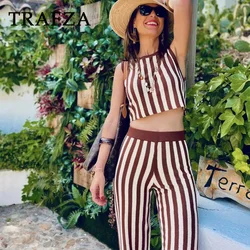 TRAFZA 2024 Spring Summer Vintage Knitted Striped Women Suits Fashion Casual O Neck Sleeveless Short Tops+High Waist Long Pants