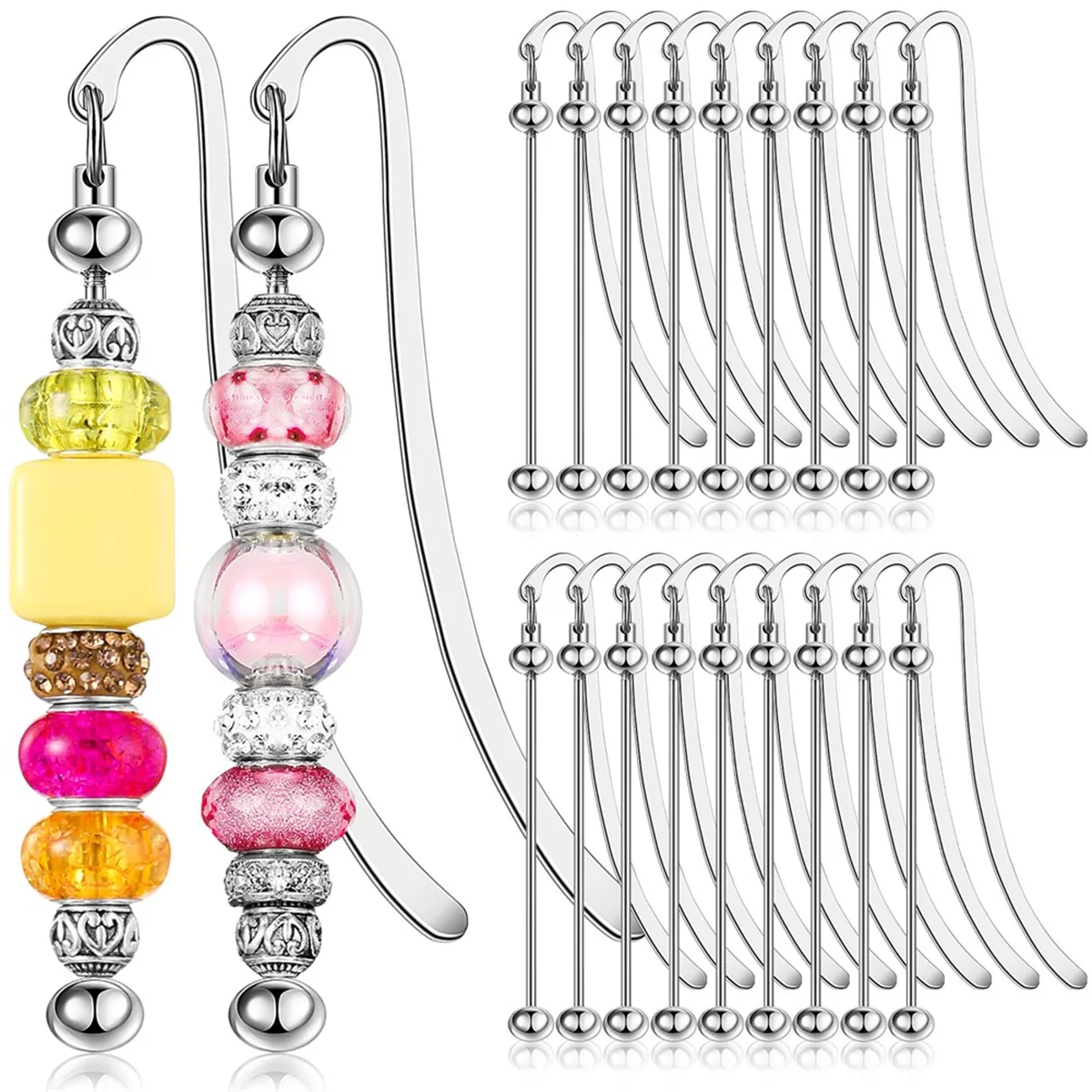 ADP-20 Pcs Beadable Bookmarks DIY Metal Blank Bar Bookmark Silver for Beads Modern Beaded Bookmark Craft Jewelry Pendant