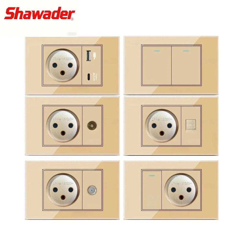 

Shawader Израиль золотое закаленное стекло стандарт USB 20 Вт тип C настенная розетка диммер 2-полосный переключатель спутникового телевидения Tel CAT5 CAT6