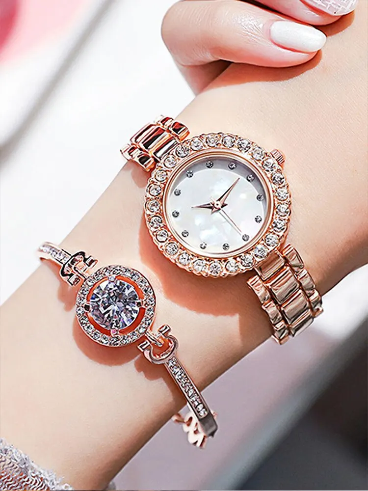 2PCs Fashion Versatile Diamond Inlaid Women\'s Rose Gold Steel Band Quartz Watch with Bracelet Set