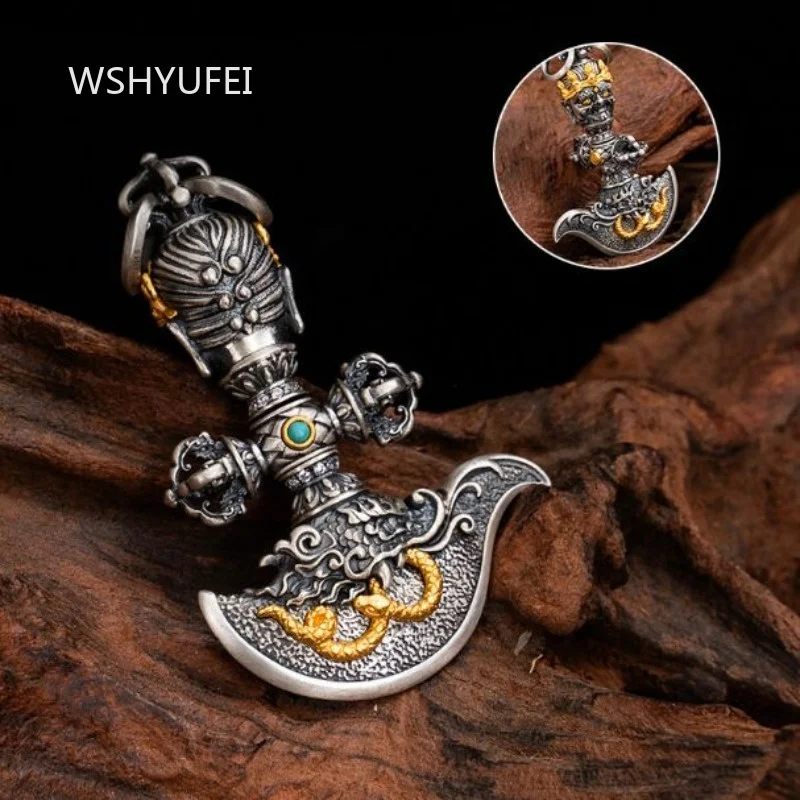 Tibetan Vajra Pendant Retro Two Tone Metal Inlaid Turquoise Buddhist Ritual Dharma Implement Necklace Amulet Meditation