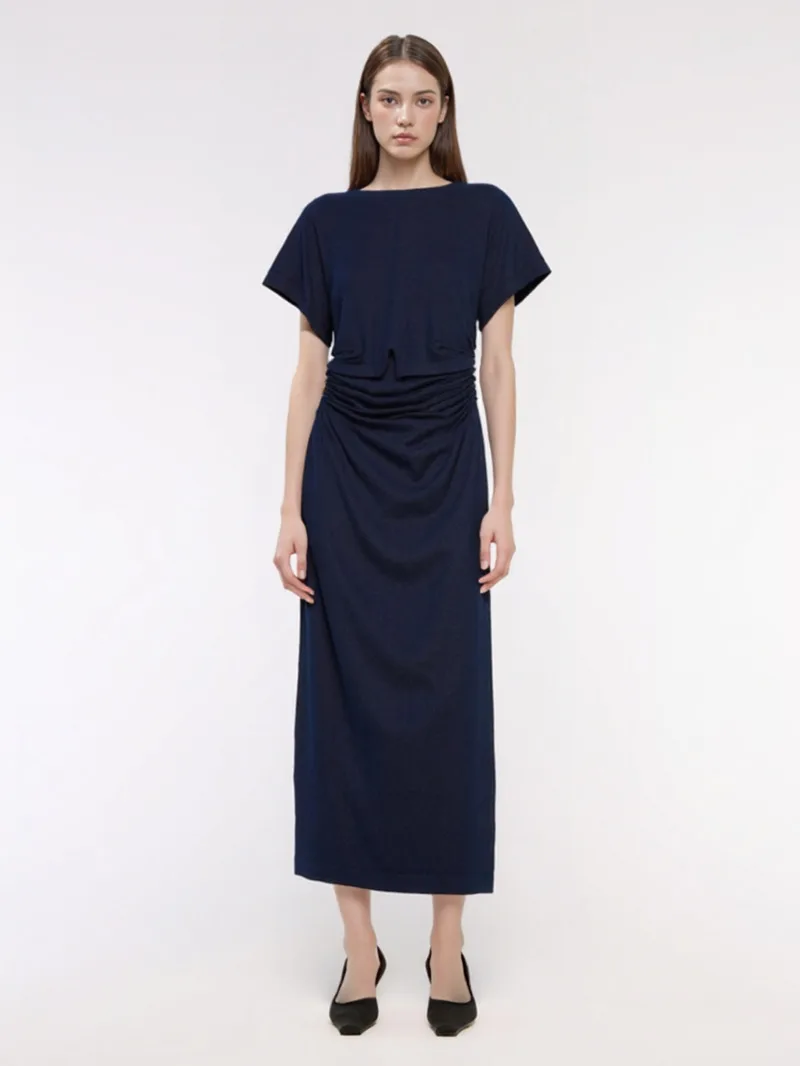 Vestido midi decorativo plissado feminino com zíper decoração para primavera e verão novos vestidos casuais femininos bb38