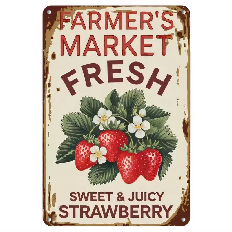 Vintage Metal Farmer's Market Strawberry Sign - Fresh Sweet Strawberry Design, Retro Tin Wall Art for Kitchen, Farmhouse & Marke