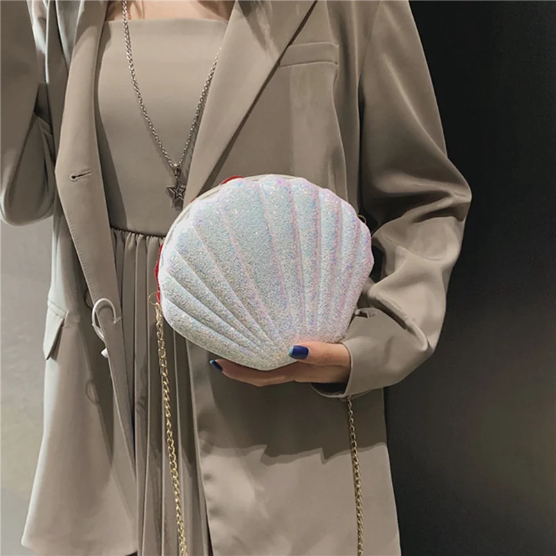 

【SEE】2X Women Girls Little Mermaid Seashell Purse Cross-Body Shoulder Bags Glitter Sequins Chain Evening Purse, White
