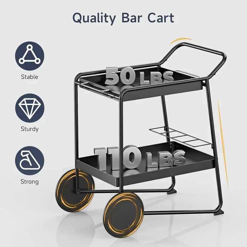 Home Bar Serving Cart with Extra-Large Wheel Removable Tray Wine Rack Modern2 Tier Storage Carts for Drink Rolling Wine