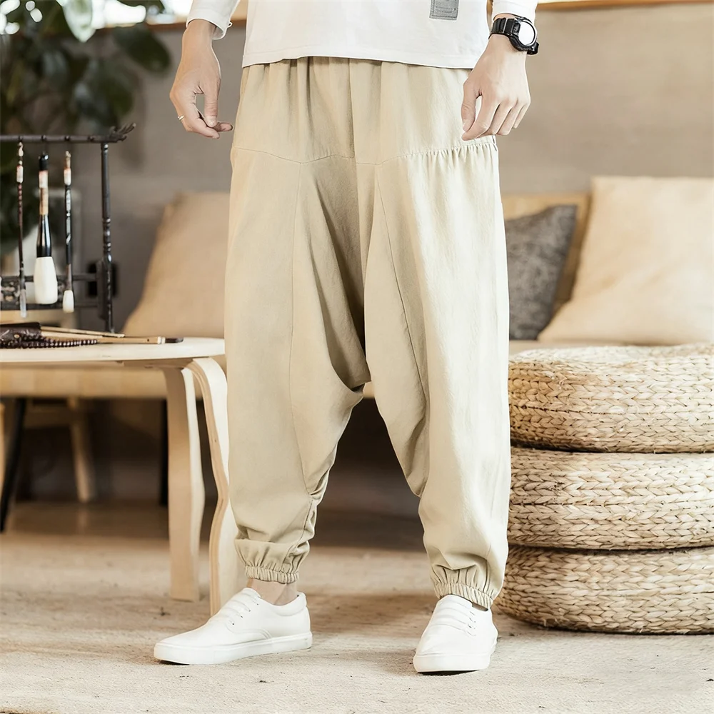 

Хлопковые и льняные шаровары для мужчин, повседневные мешковатые широкие брюки, однотонные свободные брюки большого размера, брюки с заниженной промежностью