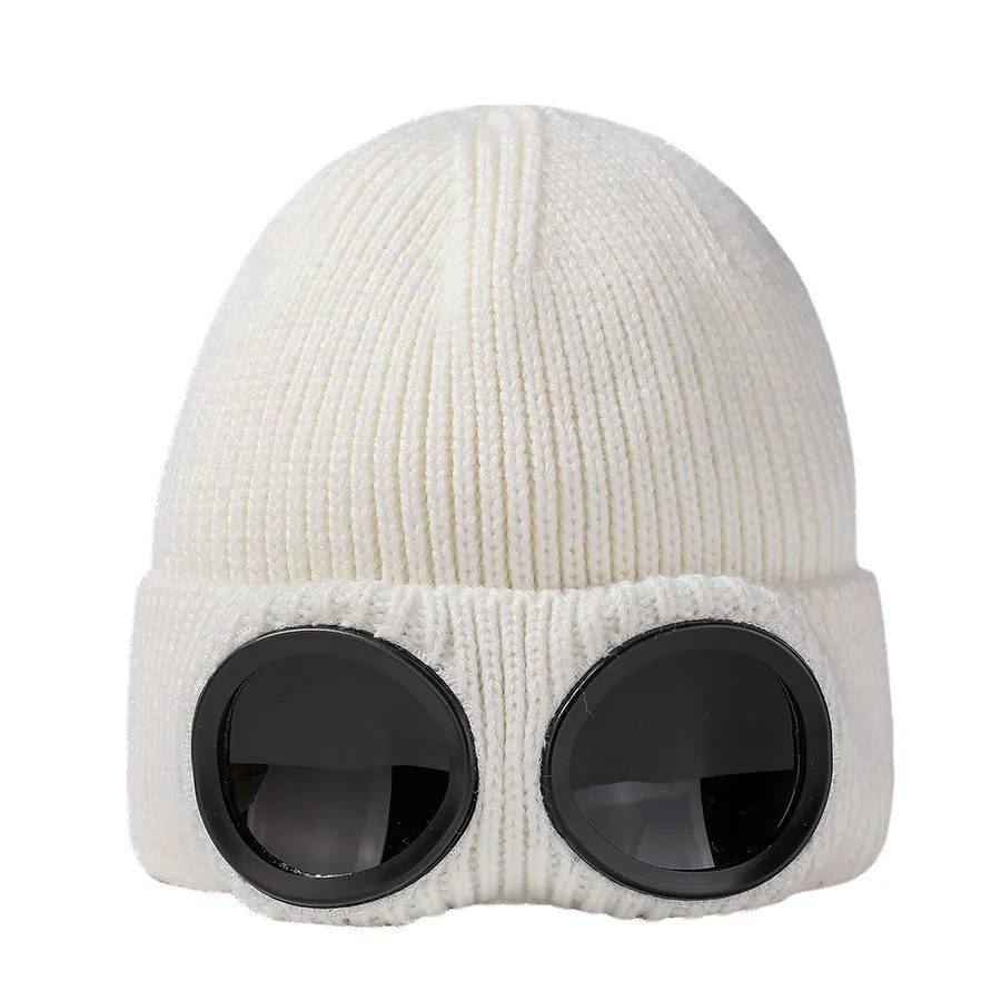 Óculos à prova de vento de outono e inverno para homens e mulheres, chapéu de esqui forrado de lã, gorro de malha quente, chapéu de casal