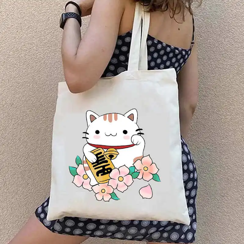 TOKYO JAPAN Maneki Neko Cute Japanese Lucky Cat Mount Fuji Janpan Style Kyoto Geisha Canvas Totes Bag Shopping Shoulder Handbags