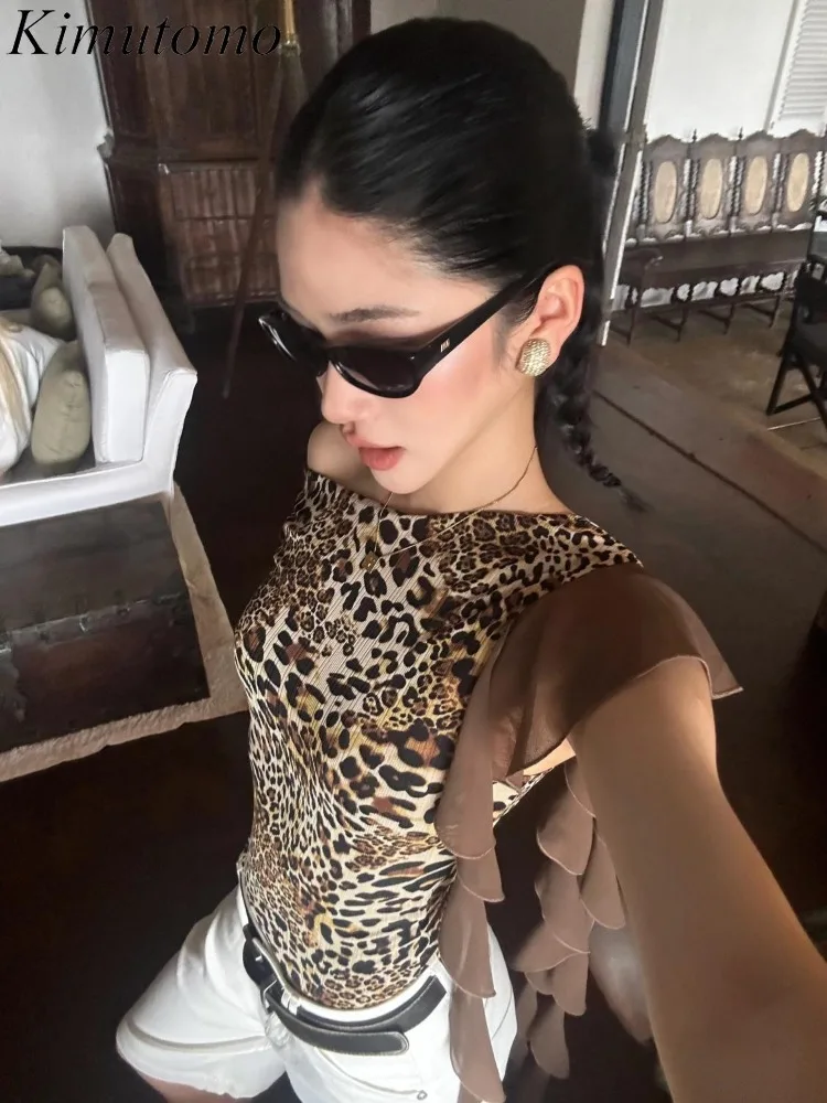 

Kimutomo Y2k T Shirts Women Leopard Printed Ribbon Short Sleeve Slim Harajuku Gothic Crop Tops Sexy Spring Summer Tshirt