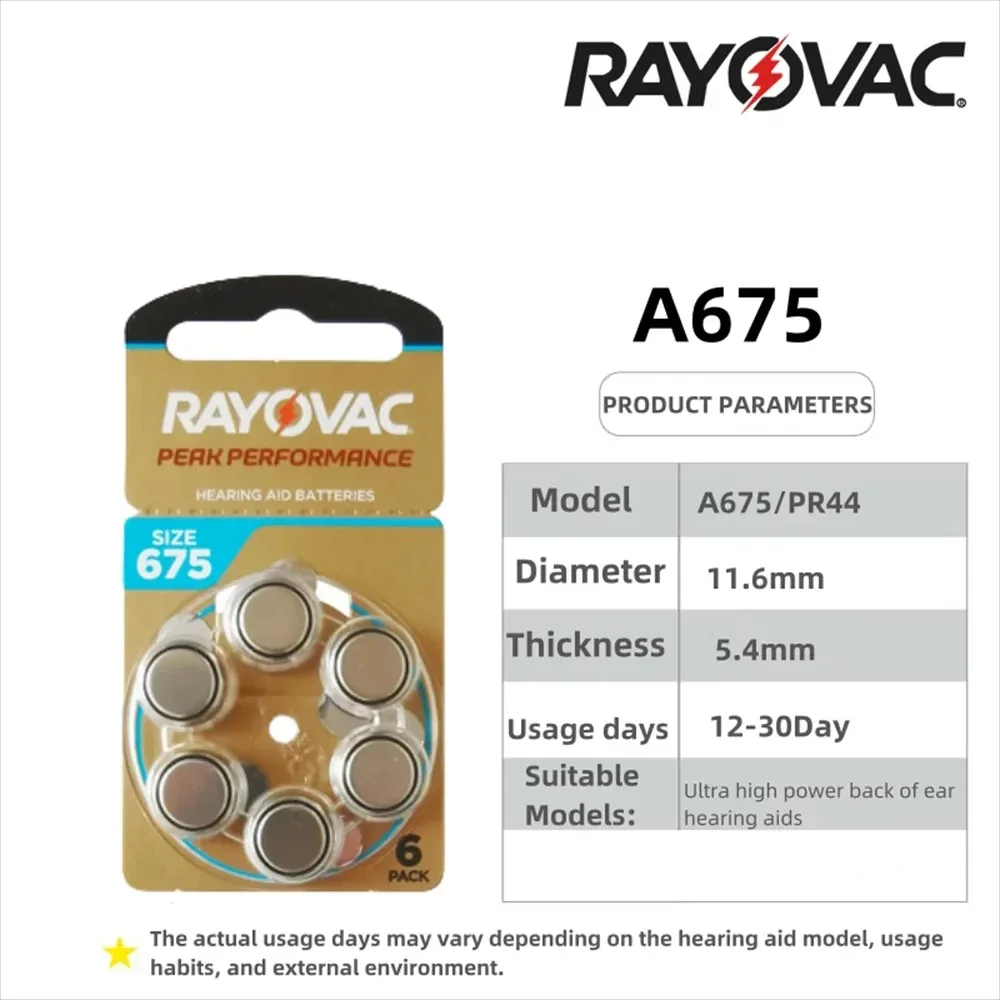 6-60PCS/1-10 Cards Rayovac Peak 1.45V 675 A675 675A PR44 Zinc Air Hearing Aid Batteries Wholesale