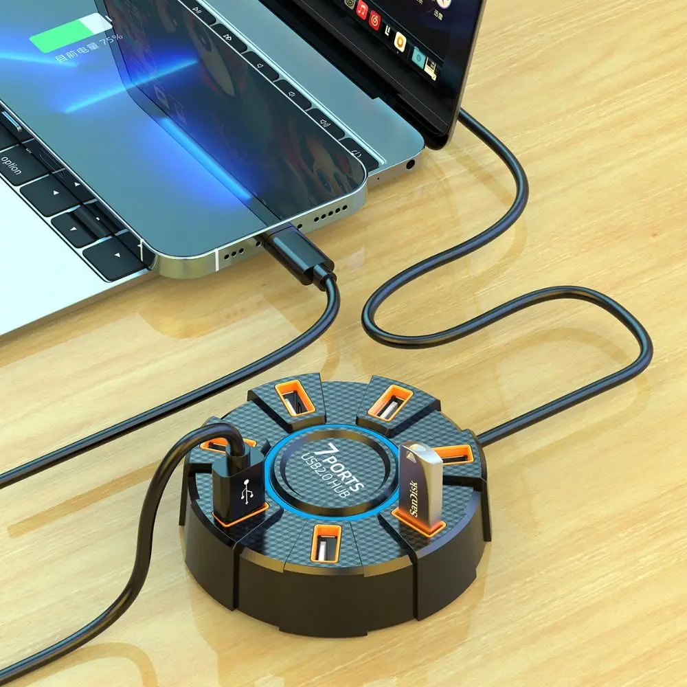 RGB Backlight 7 Ports Multiple Expander USB Splitter Extend USB 2.0 Hub Connector Multifunction Multi Splitter Adapter