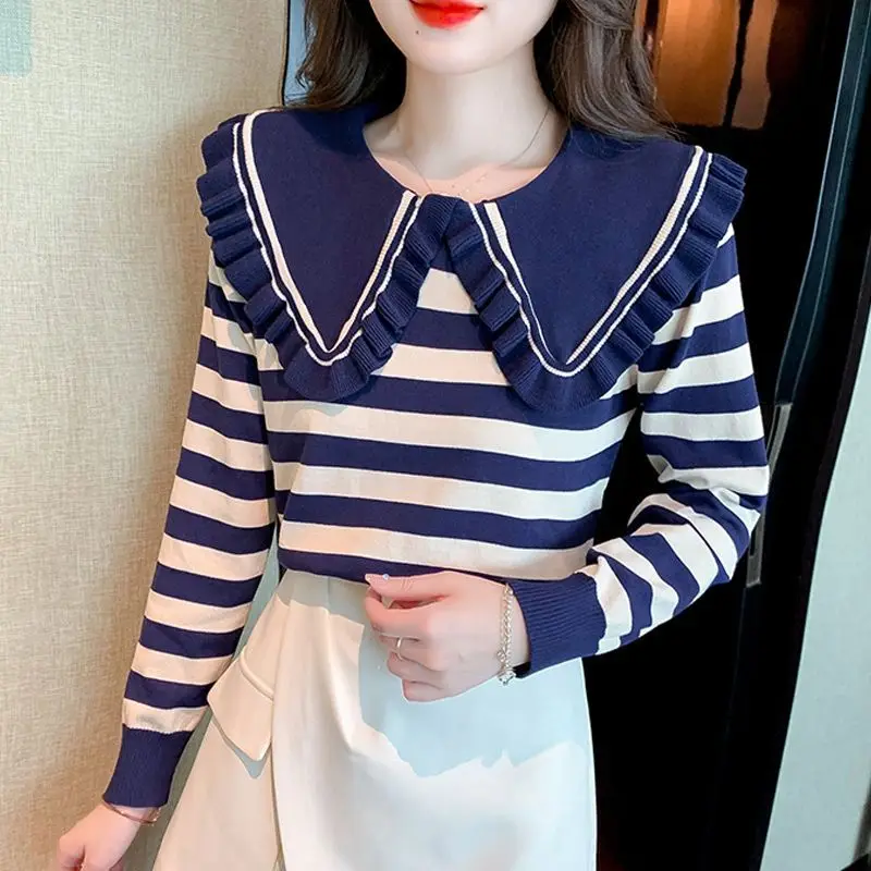 Long Sleeve Striped Knitting Loose Peter Pan Collar Sweater 2024 Spring Autumn New Bottoming Shirt Korean Ruffles Pullovers Tops