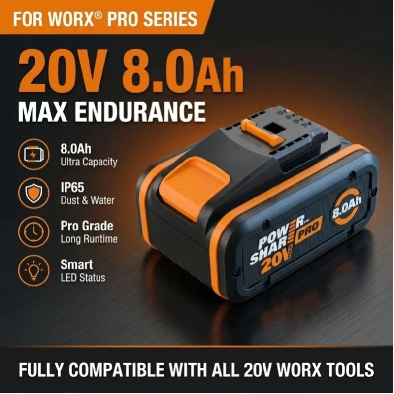 Für Worx Original 20V 8,0Ah Hochleistungs-Lithium-Akku, WA3553 WA3551 WA3553.1 WA3570, geeignet für Worx Elektroschrauber und Schlagbohrmaschinen