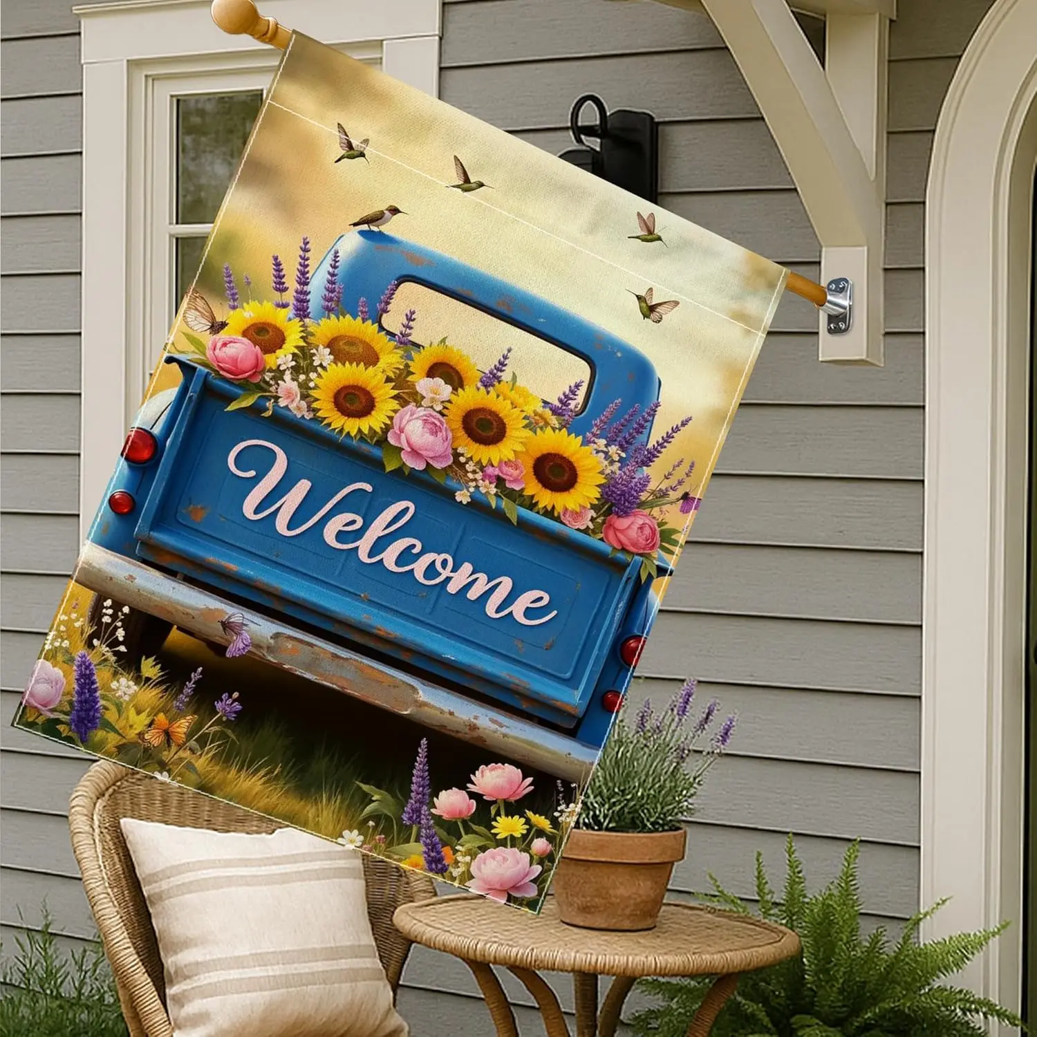Sunflower House Flag, Spring Rustic Truck Butterfly Spring Blue Burlap Double Sided Outside Large Garden Flag for Outdoor Pa MMZ