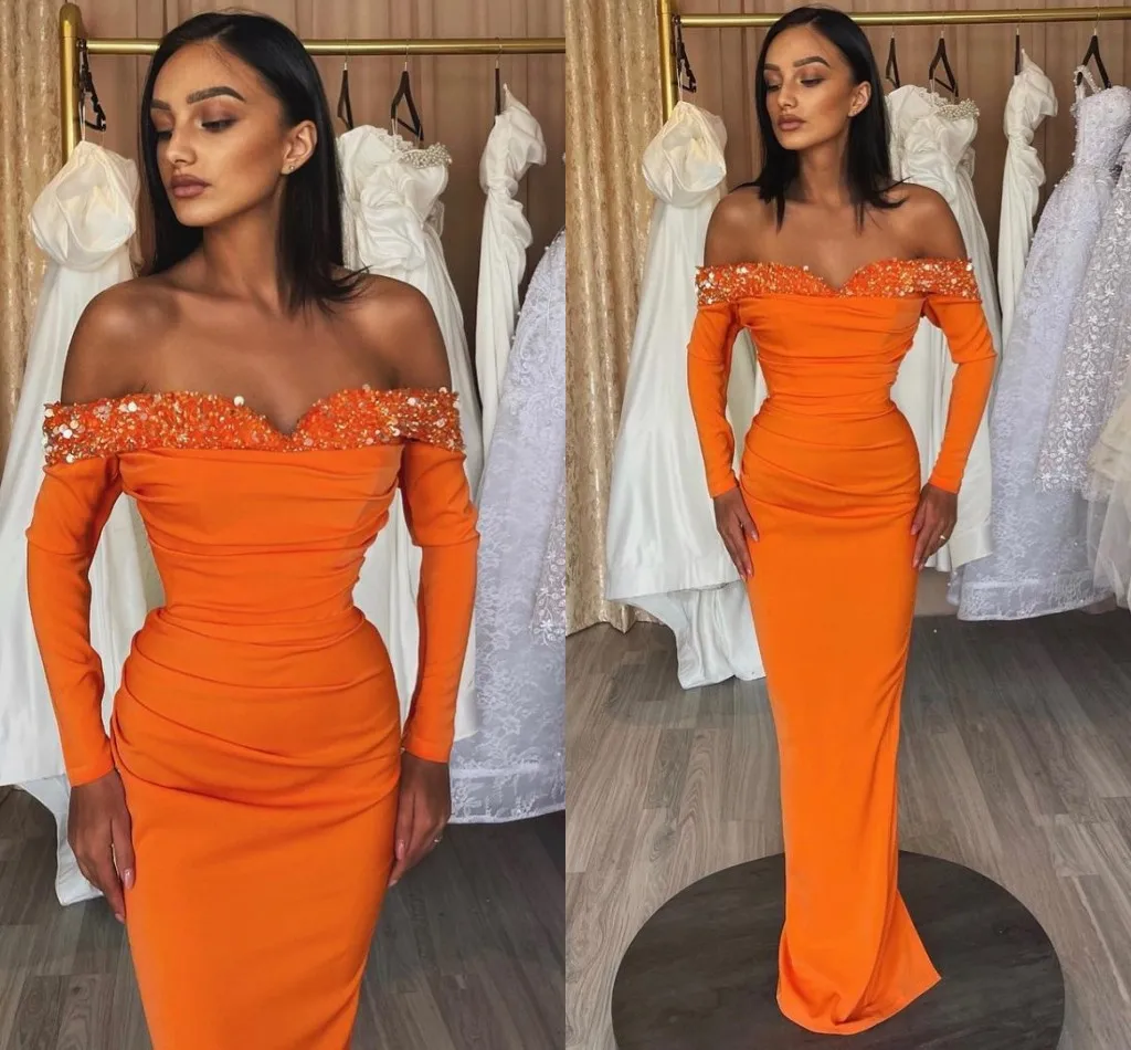 

Sexy Oramge Mermaid Evening Party Dresses Sequined Long Sleeves Off the Shoulder Prom Dubai Celebrity Gowns Robe De Soiree