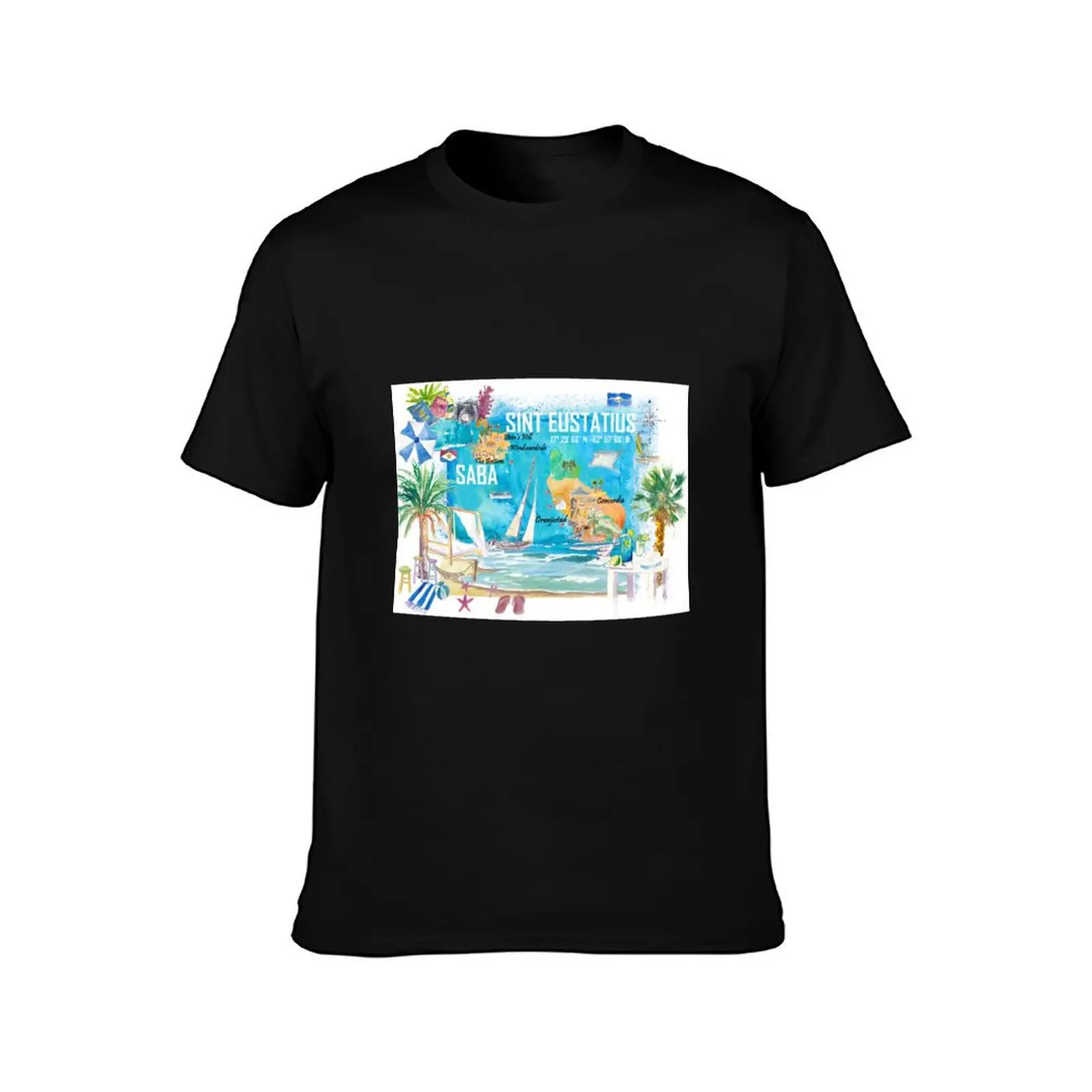 Sint Eustatius and Saba Dutch Caribbean Island Illustrated Travel Map with Tourist Highlights T-Shirt