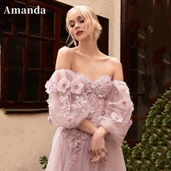 Amanda Puffy Sleeve A-line Prom Dress 2023 Sexy Off Shoulder Party Dress Handmade 3D Flower Birthday Party Dresses  فستان سهرة