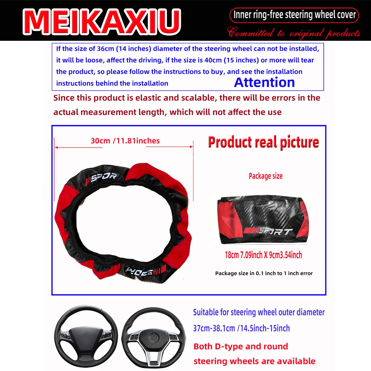 Carbon Fiber Red SPORRT Sports Style Stretchable Car Inner Tube-Free Steering Wheel Cover for Car Interior Accessories for Women