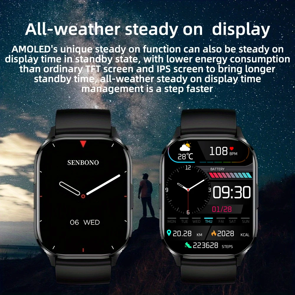 SENBONO AIR3 2024 New AMOLED Men Smart Watch Bluetooth Call 24H Health Tracker NFC Sport Smartwatch Men Women for IOS Android