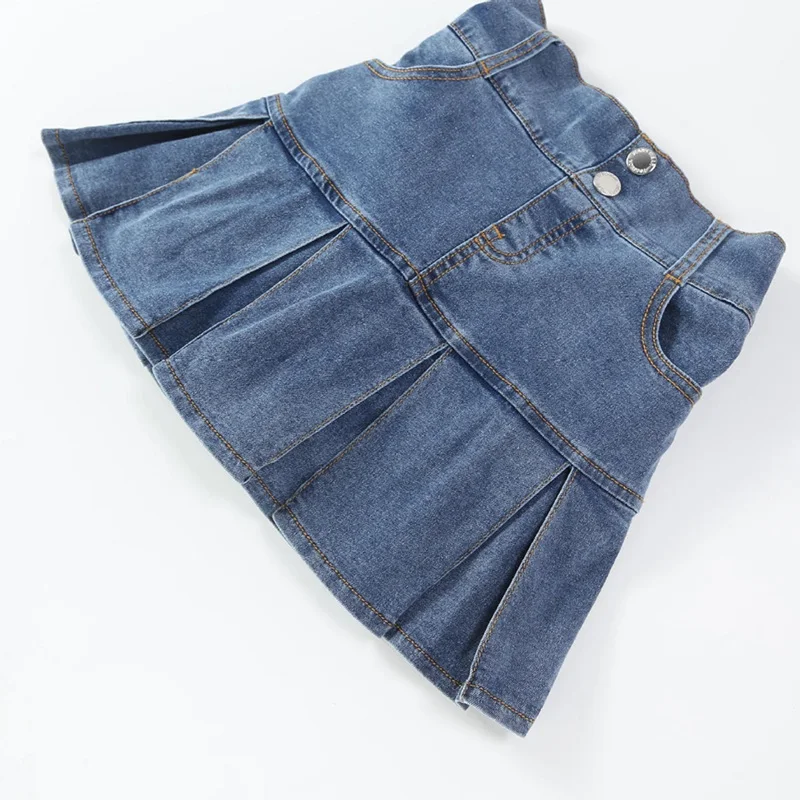 Summer Girls Blue Pleated Denim Short Skirt Korean VersionNew Children's Fashionable A-Line Half Skirt