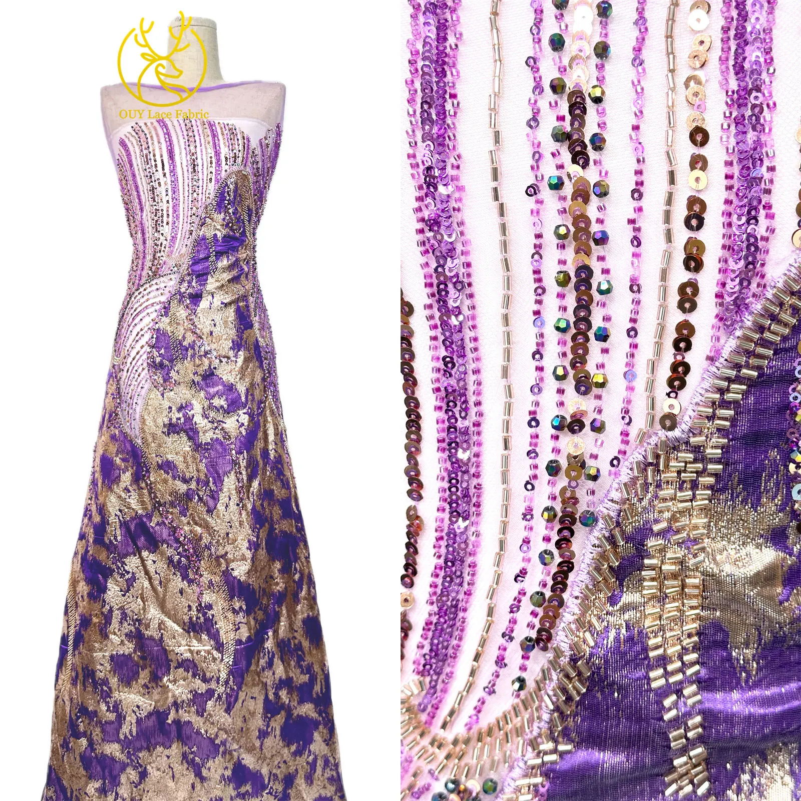 Purple Luxury African Heavy Beaded Chiffon Lace Fabric 2026 High-Quality Nigerian Sequined Lace Fabric for Evening Gowns 5 Yards